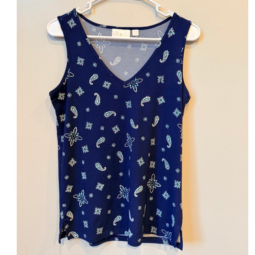 Belle by Kim Gravel Navy Paisley Knit V-Neck Tank Top Women's XXS Stretch